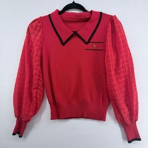 Red Knit Puff Sleeve Women's Vintage Collared Sweater